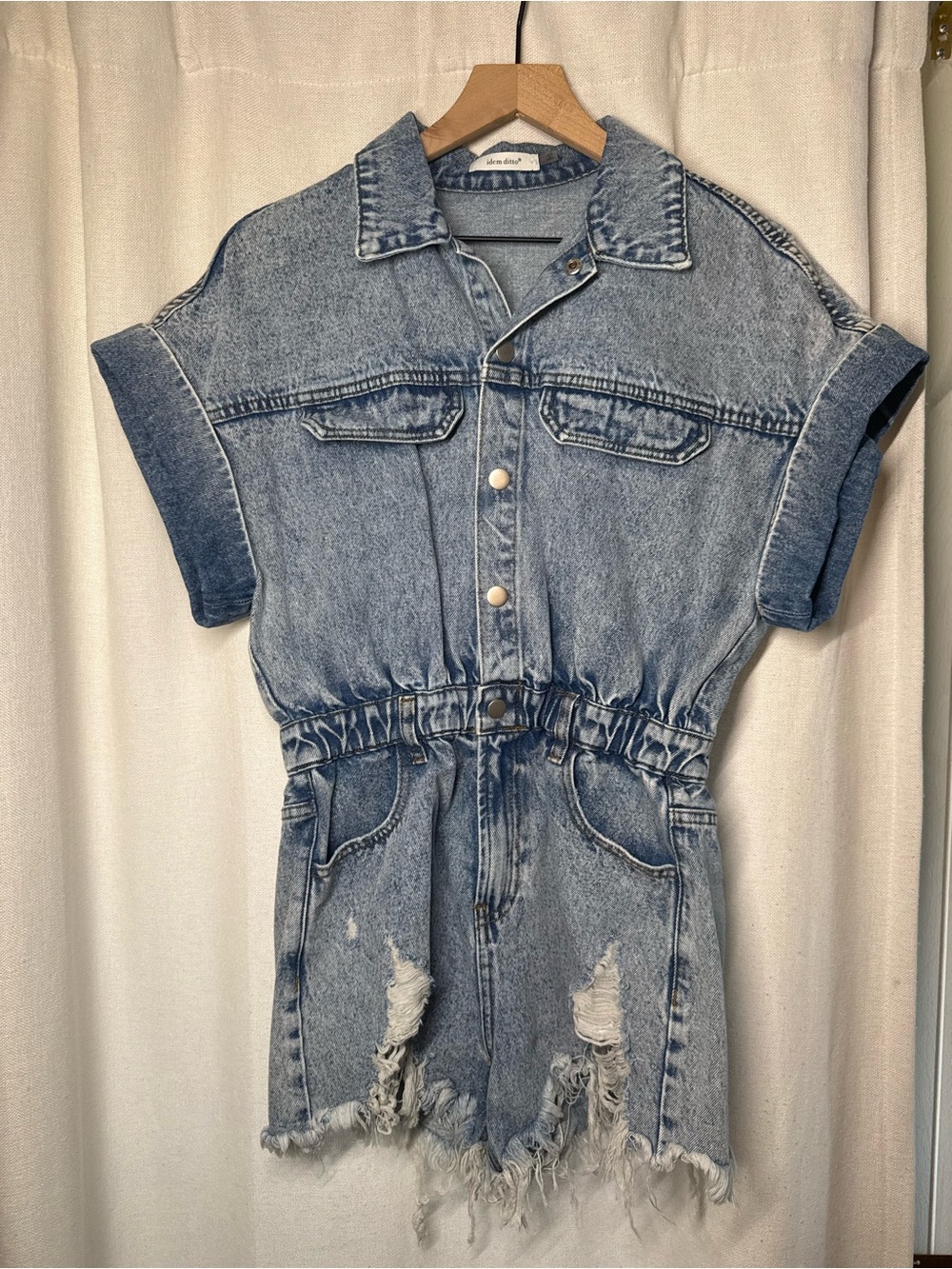 Light Blue Denim Short Jumpsuit with Distressed Hem